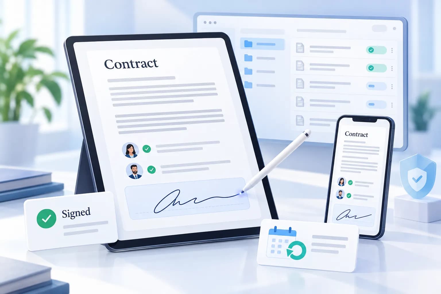 Illustration of a contract on a tablet being signed, with a phone copy and a signed badge.