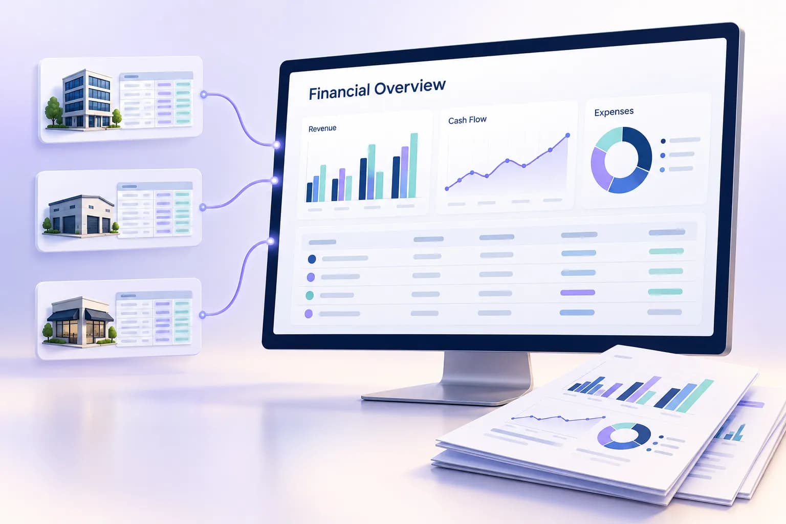 Illustration of three company cards feeding a financial overview of revenue, cash flow, and expenses.