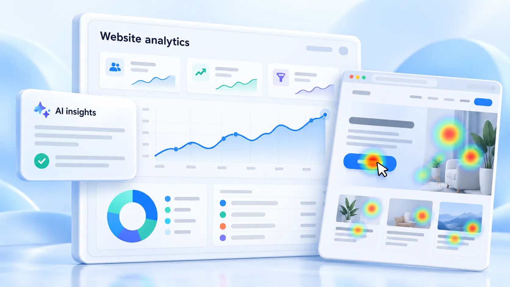 Illustration of a website analytics chart beside a page heatmap and an AI insights card.